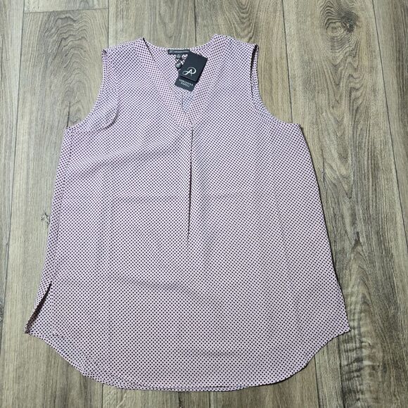 Adrianna Papell Women's M Pink Black Polka Dot V Neck Sleeveless Blouse Tank NWT - Picture 1 of 12